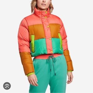Eddie Bauer x Karla neon cropped puffer jacket